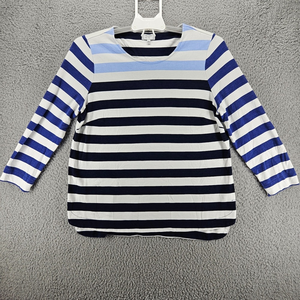 Crown & Ivy Womens Navy Blue White Striped 3/4 Sleeve Knit Top Large